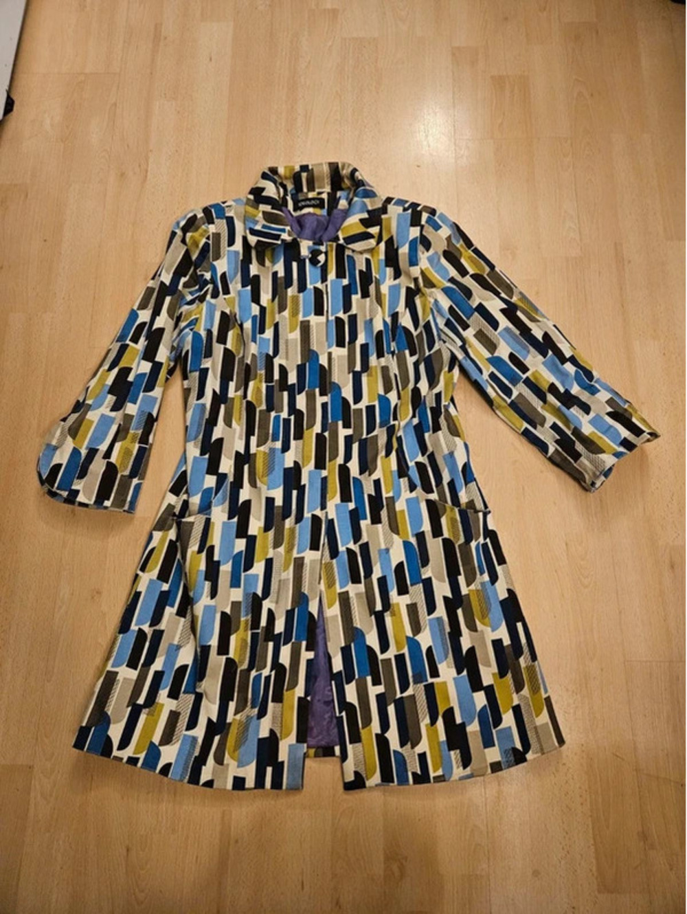 Ideology Womens M Geometric Mod Long Coat Blue Green Made USA Lining Stains